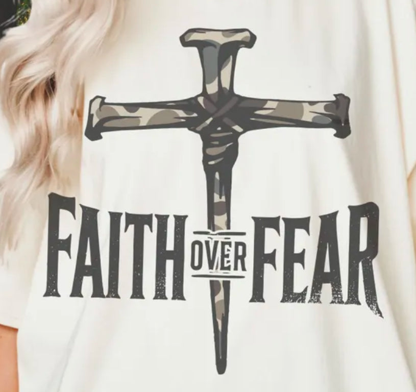 Faith Over Fear Camo Nails Cross DTF transfer