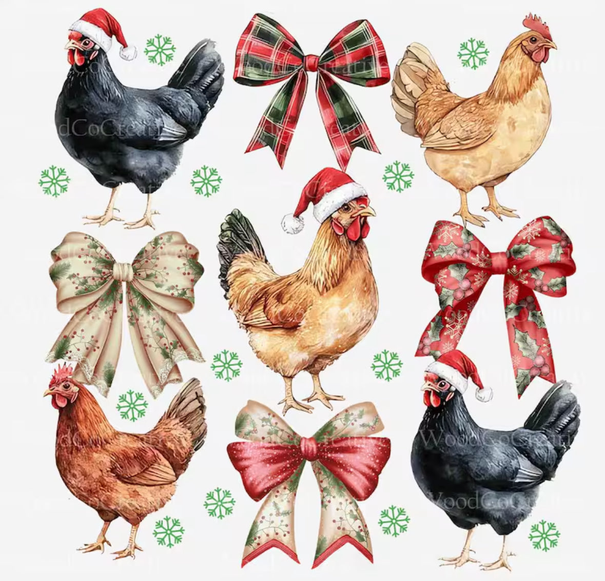 Christmas Chickens and Bows DTF transfer